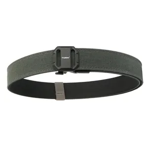 Tactical nylon duty belt with matte black automatic buckle and reinforced gray-green webbing