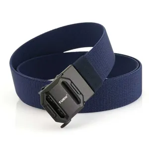 Tactical nylon stretch belt with black quick-release buckle and navy woven strap