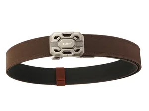 Detail of coffee brown double-layer nylon tactical belt with metal automatic buckle