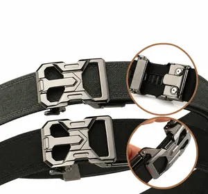 Detail of automatic metal buckle and reinforced nylon webbing on tactical belt