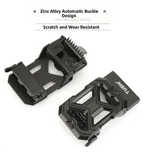 Detail of black zinc alloy automatic buckle with scratch-resistant hollow mechanical design