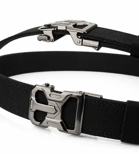 Detail view of heavy-duty nylon tactical belt with internal PE plate and metal buckle