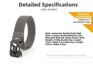 Detail of grey elastic woven tactical belt with zinc alloy buckle and adjustable nylon band