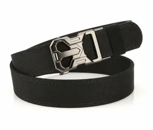 Detail view of heavy duty tactical nylon belt featuring a zinc alloy quick release buckle