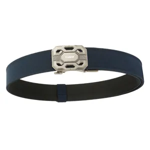Navy blue tactical nylon belt with mechanical silver-grey buckle on white background