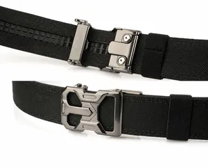 Detailed front and back view of durable nylon tactical belt with automatic metal buckle