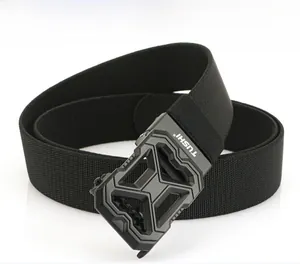 Close-up of black tactical nylon belt with geometric textured buckle by Tushi brand