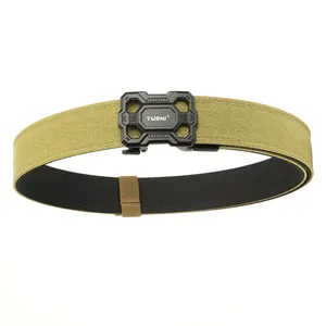 Khaki nylon tactical belt with double-layer reinforced band and black automatic buckle