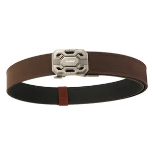 Dark brown tactical nylon belt with grey geometric metal buckle for men outdoor use