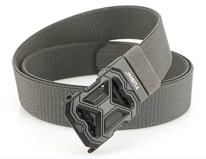 Close-up of grey elastic tactical belt with black matte automatic buckle and TUSHI logo