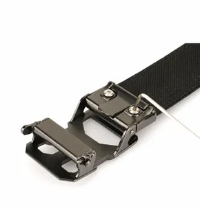 Macro detail of zinc alloy automatic buckle with adjustable length screw feature