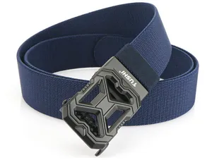 Detail of navy blue elastic woven tactical belt with matte black mechanical buckle