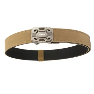 Khaki double-layer nylon tactical belt with a grey heavy-duty automatic metal buckle