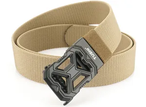 Detailed close-up of khaki woven nylon tactical belt with a matte black buckle by TUSHI