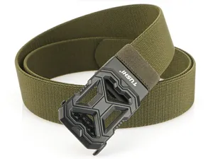 Detail of army green elastic braided belt with black tactical quick release buckle
