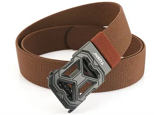 Detail of brown woven tactical belt with black automatic buckle and TUSHI logo