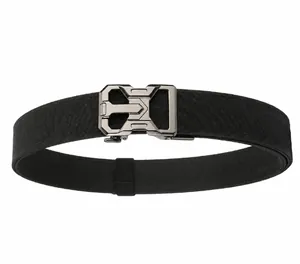 Close-up of black tactical nylon belt with dark gray metal automatic buckle detail