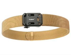 Close-up of tactical nylon belt with durable black buckle and white TUSHI logo detail