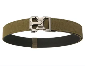 Detail of army green heavy duty nylon tactical belt with metallic automatic buckle