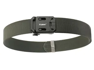 Detail of army green tactical nylon belt showing quick-release buckle and weave texture