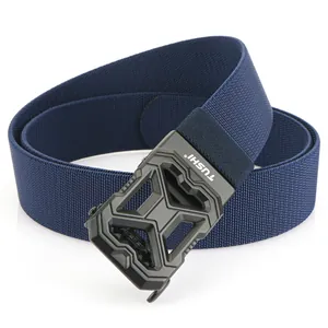 Elastic navy blue woven tactical belt for men with a matte black automatic metal buckle