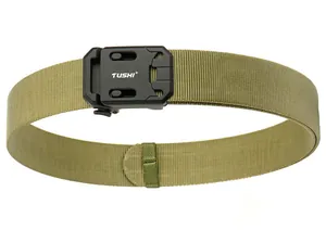 Detail of army green nylon tactical belt featuring a heavy-duty quick-release buckle