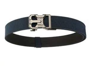 Detail view of the heavy-duty dark blue nylon tactical belt with a grey metal buckle