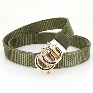 Ceinture tressée en nylon vert armée avec boucle tête d'animal dorée et strass