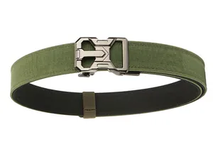 Detail of army green tactical belt showing heavy-duty nylon texture and matte metal buckle