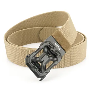 Men's outdoor elastic braided nylon belt with black automatic metal buckle in khaki