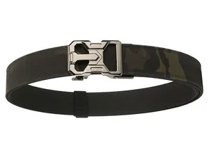 Close-up of tactical nylon belt with woodland camouflage pattern and metal buckle