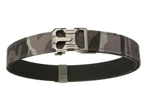 Detail of heavy-duty nylon tactical belt with grey camo pattern and metal buckle