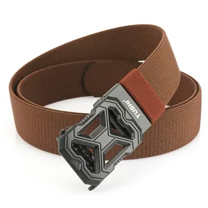 Coffee brown elastic woven tactical belt for men with black automatic buckle and nylon texture