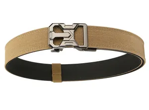 Macro shot of double-layered nylon tactical belt with desert tan finish and metal buckle
