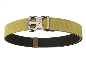 Detail of army green nylon tactical belt with durable automatic metal buckle and texture