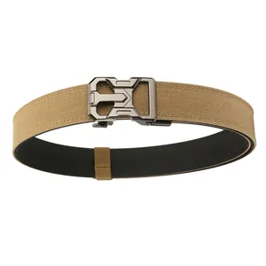 Durable double-layer khaki tactical nylon belt with modern geometric metal buckle