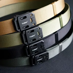 Detail of four nylon tactical belts with quick-release buckles in various military colors