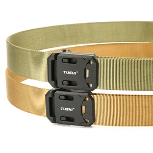 Detail of army green and khaki tactical nylon belts with quick-release metal buckles