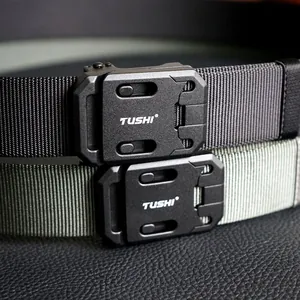 Detail of nylon tactical belts in black and olive green with alloy quick-release buckle