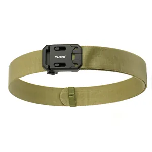 Close-up of military green nylon tactical belt featuring a matte black TUSHI buckle