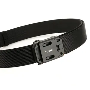 Close-up of matte black metal quick-release tactical buckle and woven nylon belt texture