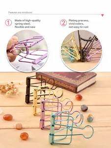 Close-up of colorful hollow metal binder clips with electroplated finish and spring steel wire