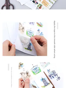 Macro detail of watercolor landmark stickers showing cutting and peeling from release paper