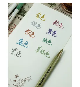 Detailed writing sample of colorful metallic markers on white paper with shiny finish