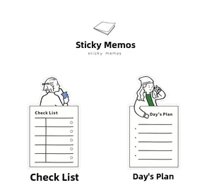 Detail view of cartoon sticky notes featuring Check List and Day's Plan hand-drawn designs