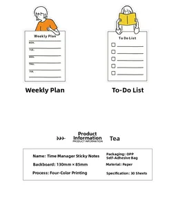 Detailed specs of weekly planner sticky notes with four-color printing and paper material