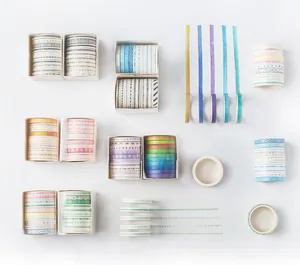 Macro detail of slim washi tape set featuring gradient colors and geometric patterns