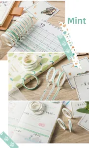 Close-up of 5mm mint green washi tape with dots and floral patterns for DIY scrapbooking