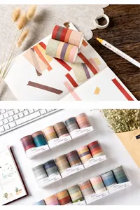 Macro detail of Morandi color washi tape set applied on a creative bullet journal