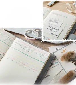 Macro shot of macaron color washi tape rolls and minimalist diary stationery collection